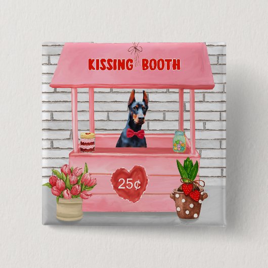 Badge Carré 5 Cm Doberman Chien Valentine's Day Kissing Booth (Devant)