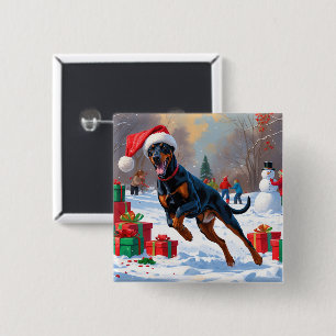 Badge Carré 5 Cm Doberman courant dans la neige avec un chapeau de