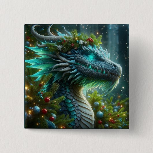 Badge Carré 5 Cm Dragon de Noël Turquoise Magique (Devant)