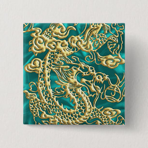 Badge Carré 5 Cm Dragon d'or incorporé sur impression en satin Turq