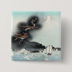 Badge Carré 5 Cm Dragon Océan S'élevant vers le Mont Fuji HOKUSAI U