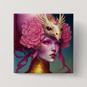 Badge Carré 5 Cm Dragon rose Crâne Femme Imaginaire Art