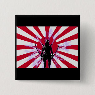 Badge Carré 5 Cm Drapeau japonais et Soleil Levant Samurai Guerrier