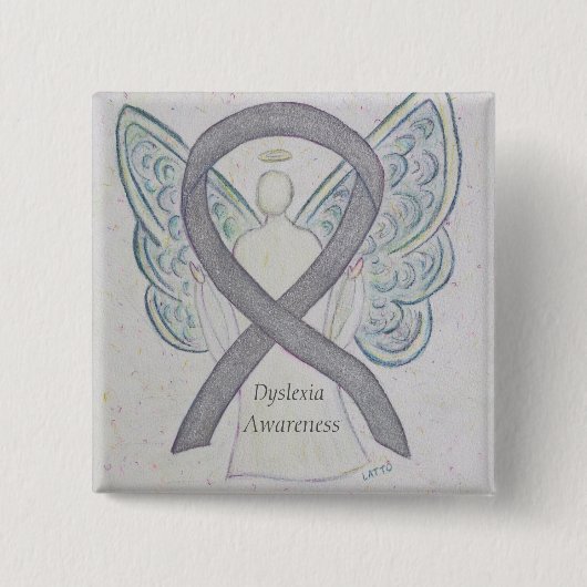 Badge Carré 5 Cm Dyslexia Silver Awareness Ribbon Angel Custom Pin (Devant)