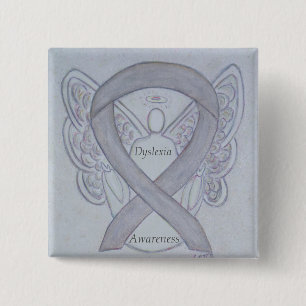 Badge Carré 5 Cm Dyslexia Silver Awareness Ribbon Angel Custom Pin