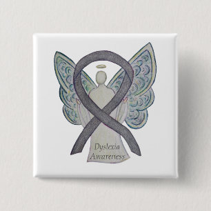 Badge Carré 5 Cm Dyslexia Silver Awareness Ribbon Angel Custom Pin
