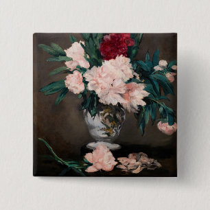 Badge Carré 5 Cm Edouard Manet - Vase de pivoines sur petit piédest