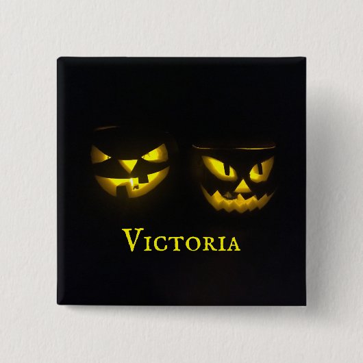 Badge Carré 5 Cm Éffrayant visage déplaisant jaune citrouille perso (Devant)