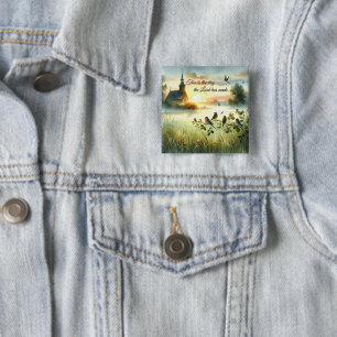 Badge Carré 5 Cm Église au lever du soleil avec des oiseaux dans un