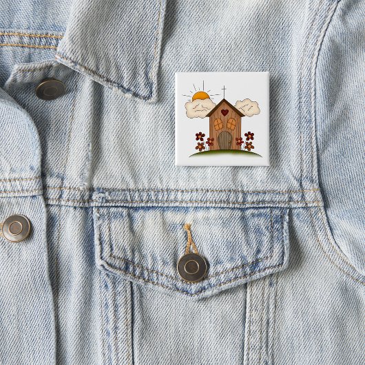 Badge Carré 5 Cm Église Sunny Avec Fleurs Rustique Charme De Pays