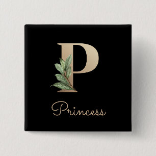 Badge Carré 5 Cm Élégant Monogramme Botanique Gold Lettre Bouton P