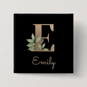 Badge Carré 5 Cm Élégant Monogramme Botanique Gold Lettre E Bouton