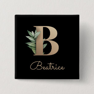 Badge Carré 5 Cm Élégant monogramme botanique lettre or Bouton B