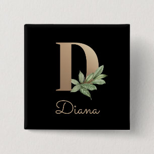 Badge Carré 5 Cm Élégant monogramme botanique or lettre D bouton