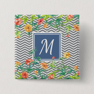 Badge Carré 5 Cm Élégant Orange Floral Chevron Chic Blue Monogram