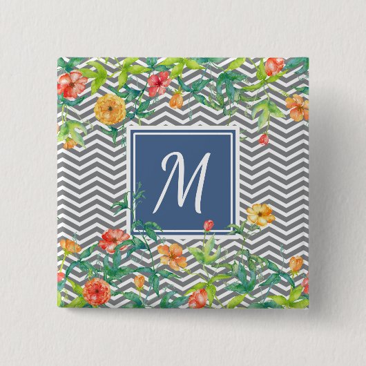 Badge Carré 5 Cm Élégant Orange Floral Chevron Chic Blue Monogram (Devant)