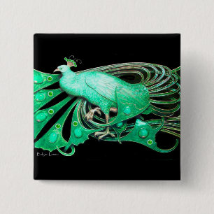 BADGE CARRÉ 5 CM ÉLÉGANT PEACOCK EN VERT, NOIR