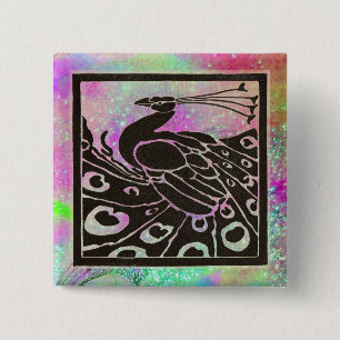 BADGE CARRÉ 5 CM ÉLÉGANT PEACOCK NOIR EN PARKLES BLEU PURPLE