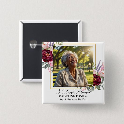 Badge Carré 5 Cm Elegant Peonies Photo Funeral Keepsake (Devant & derrière)