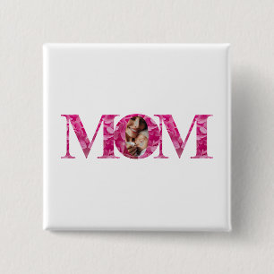 Badge Carré 5 Cm Élégant rose floral "MOM" Lettres, Photo personnal