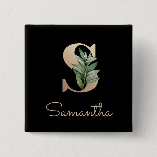 Badge Carré 5 Cm Élégante lettre d'or monogramme botanique Bouton S (Devant)