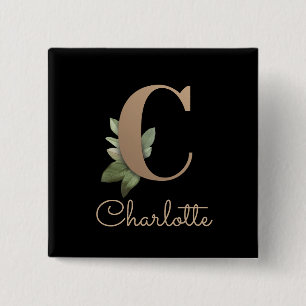 Badge Carré 5 Cm Élégante lettre d'or Monogramme botanique C Bouton