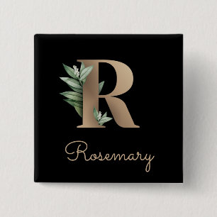 Badge Carré 5 Cm Élégante lettre or monogramme botanique Bouton R