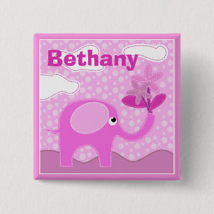 Badge Carré 5 Cm Eléphant et fleurs rose bébé Personnalisé