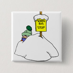 Badge Carré 5 Cm En Attente Du Bus Scolaire En Neige D'Hiver