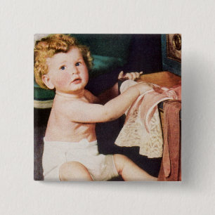 Badge Carré 5 Cm Enfant Mignon des Années Passées Jouant avec une C