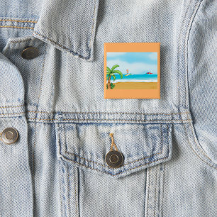 Badge Carré 5 Cm Enfants faisant du surf sur une plage tropicale Fu