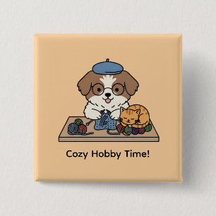 Badge Carré 5 Cm Épinglette d'art de hobby de chiot adorable tricot