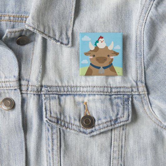 Badge Carré 5 Cm Époux - Vache et poussin (En situation)