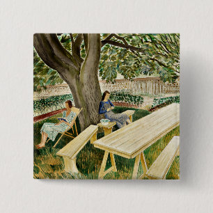 Badge Carré 5 Cm Eric Ravilious, Deux femmes dans un jardin,