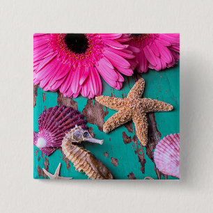 Badge Carré 5 Cm Estrades et hippocampe roses avec des étoiles de