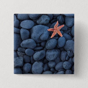 Badge Carré 5 Cm Étoiles de mer sur les roches noires le long de l