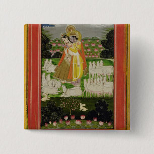 Badge Carré 5 Cm Étreinte de Radha et de Krishna dans un landscap