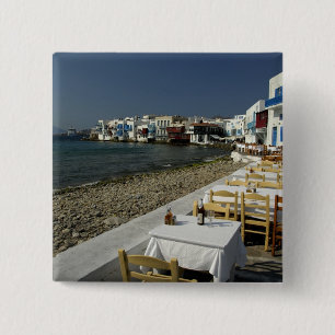 Badge Carré 5 Cm Europe, Grèce, Mykonos. Vue sur le bord de mer