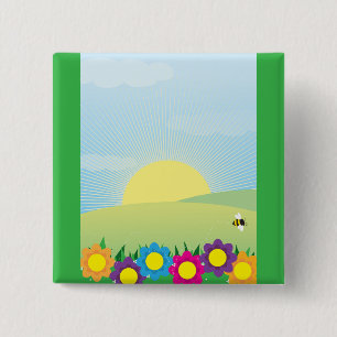 Badge Carré 5 Cm Explosion de soleil dans une prairie printanière a