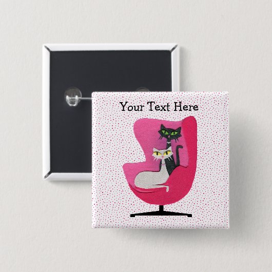 Badge Carré 5 Cm Fancy 1950s Style Black White Chats en Pink (Devant & derrière)