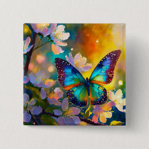Badge Carré 5 Cm Fantaisie de Cerisier en Fleur Papillon au Lever d