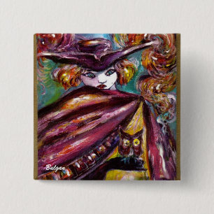 Badge Carré 5 Cm FAUST / Masque mystérieux avec Tricorne et Chouett