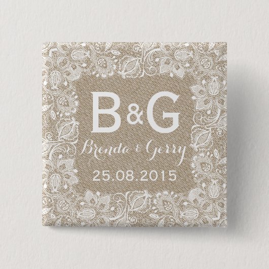 Badge Carré 5 Cm Faux Beige Lin & Blanc Flore Lace Cadre 2 (Devant)