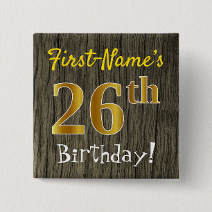 Badge Carré 5 Cm Faux Bois, Faux Or 26e Anniversaire + Nom Personna