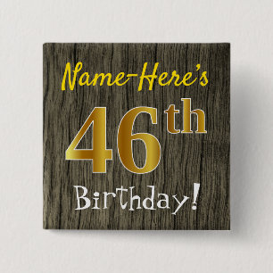 Badge Carré 5 Cm Faux Bois, Faux Or 46e Anniversaire + Nom personna