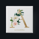 Badge Carré 5 Cm Faux Gold Foil Joli Floral Lettre A Monogramme<br><div class="desc">Bouton floral féminin et élégant avec des illustrations d'aquarelle de fleurs,  de verdure et de fausse feuille monogramme. Personnalisez en ajoutant un nom ou une courte phrase. Ce bouton floral monogramme sera parfait comme cadeau personnalisé.</div>