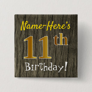 Badge Carré 5 Cm Faux Wood, Faux Gold 11e anniversaire + Nom person