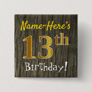 Badge Carré 5 Cm Faux Wood, Faux Gold 13e anniversaire + Nom person