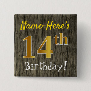 Badge Carré 5 Cm Faux Wood, Faux Gold 14e anniversaire + Nom person