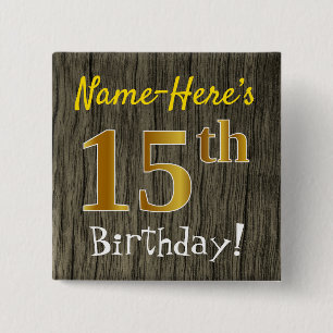 Badge Carré 5 Cm Faux Wood, Faux Gold 15e anniversaire + Nom person